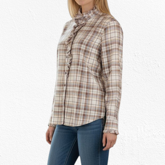 Y2K Lauren Jeans Co. Plaid Tan Ruffle Button Up 2000s Western Blouse Size XL - Picture 12 of 12